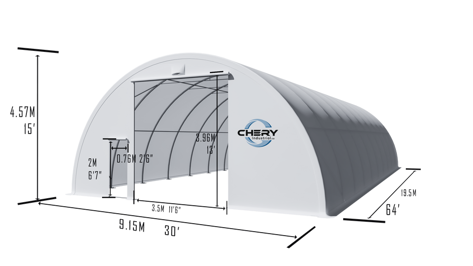 Single Truss Round M Model Storage Shelter W30'xL64'xH15'