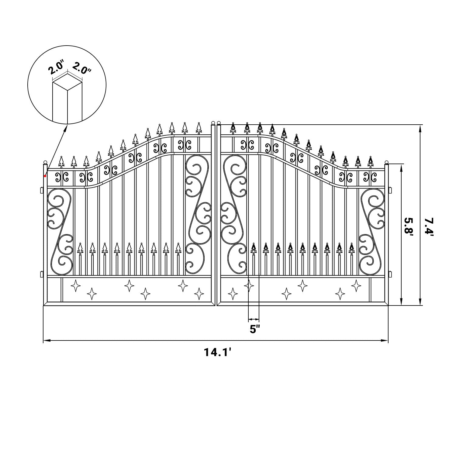 Dimensions of Greatbear 14 ft dual swing driveway gate with Star pattern